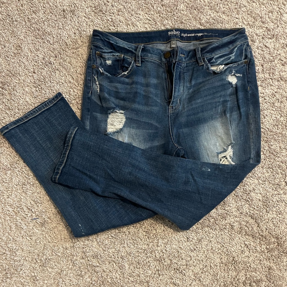 EUC NY Co. Soho Stretch High Waist Crop Distressed Boyfriend Jeans, Sz 14 denim